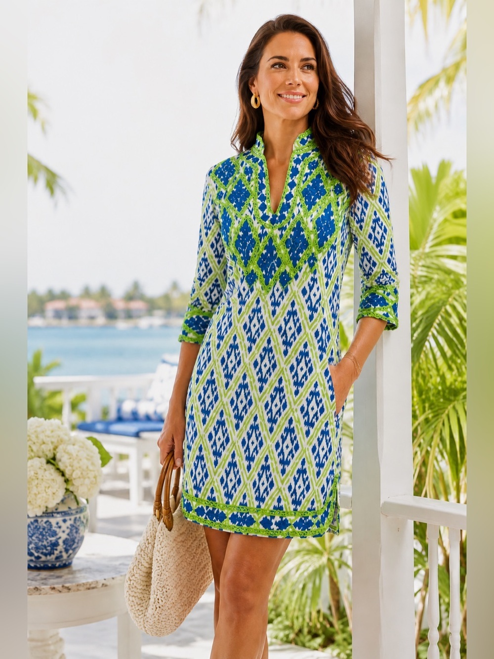 Gretchen Scott Dori Ikat Resort Tunic Shift Dress Blue Green Embroidered  SZ XS